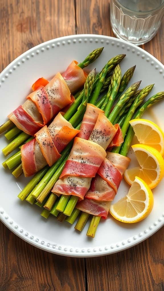 Plate of asparagus wrapped in prosciutto garnished with lemon wedges on a wooden table.